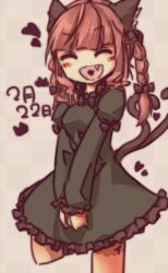 Rule 34 | 1girl, :d, animal ears, bare legs, black bow, black bowtie, blunt bangs, blush stickers, bow, bowtie, braid, cat day, cat ears, cat tail, closed mouth, commentary request, dress, extra ears, facing viewer, fang, green dress, hair bow, heart, heart in mouth, kaenbyou rin, long hair, long sleeves, multiple tails, open mouth, own hands together, partial commentary, puffy long sleeves, puffy sleeves, red hair, simple background, smile, solo, standing, standing on one leg, t-ty (clarks nutcracker), tail, touhou, twin braids, two tails, white background
