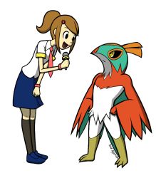 Rule 34 | 1girl, artist name, bird, black eyes, black sclera, black socks, blue footwear, blue skirt, brown hair, colored sclera, creatures (company), crossover, dakkpasserida, eye contact, feet, from side, full body, game freak, gen 6 pokemon, hair ornament, hand up, hands on own hips, hawlucha, kneehighs, leaning forward, legs apart, looking at another, looking down, looking up, microphone, necktie, nintendo, open mouth, pink neckwear, pokemon, pokemon (creature), pokemon xy, ponytail, reporter (rhythm tengoku), rhythm tengoku, shirt, shoes, short hair, short sleeves, signature, skirt, smile, socks, standing, text focus, transparent background, white shirt, wristband, yellow eyes