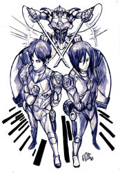 Rule 34 | 1boy, 1girl, armor, body armor, bodysuit, cannon, chest cannon, crossover, drivesuit, energy cannon, eren yeager, gipsy danger, highres, image sample, jaeger (pacific rim), legendary pictures, mikasa ackerman, nuclear vortex turbine, pacific rim, pan pacific defense corps, shingeki no kyojin, three-dimensional maneuver gear