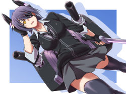 Rule 34 | 10s, 1girl, black thighhighs, breasts, collarbone, eyepatch, female focus, gloves, hand on own head, headgear, highres, iga tomoteru, kantai collection, large breasts, looking at viewer, necktie, open mouth, partially fingerless gloves, purple hair, school uniform, short hair, solo, sword, tenryuu (kancolle), thighhighs, weapon, yellow eyes