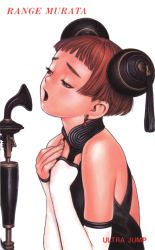 Rule 34 | 1girl, artist name, detached sleeves, double bun, earrings, hands on own neck, jewelry, last exile, lavie head, microphone, murata range, music, official art, open mouth, red hair, short hair, simple background, singing, solo, upper body, white background