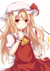 Rule 34 | 1girl, alternate hair length, alternate hairstyle, ascot, blonde hair, closed mouth, commentary request, crystal, finger to mouth, flandre scarlet, hat, index finger raised, kashiwagi yamine, long hair, looking at viewer, puffy short sleeves, puffy sleeves, red eyes, red skirt, short sleeves, simple background, skirt, smile, solo, touhou, white background, white hat, wings, wrist cuffs, yellow ascot