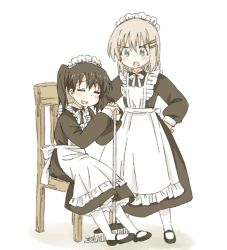 Rule 34 | 10s, 2girls, alternate costume, angry, apron, black hair, blush, broom, chair, enmaided, closed eyes, green eyes, grey hair, hands on own hips, hatopoo (beach7pijon), kuraue hinata, long sleeves, looking at another, maid, maid headdress, multiple girls, open mouth, pout, short hair, sitting, smile, standing, twintails, white legwear, yama no susume, yukimura aoi