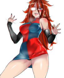 Rule 34 | 1girl, absurdres, android 21, bare shoulders, black-framed eyewear, black eyes, black nails, black panties, blue eyes, breasts, breath, covered navel, cowboy shot, detached sleeves, dragon ball, dragon ball fighterz, dress, ear piercing, earrings, glasses, hair between eyes, handjob gesture, heart, heart-shaped pupils, highres, hoop earrings, jewelry, kisaragi tsurugi, long hair, long sleeves, looking at viewer, medium breasts, motion blur, nail polish, no legwear, open mouth, panties, pantyshot, piercing, red hair, sexually suggestive, short dress, simple background, sleeveless, sleeveless dress, sleeves past wrists, solo, spiked hair, standing, symbol-shaped pupils, tongue, tongue out, two-tone dress, underwear, very long hair, white background