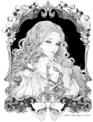 Rule 34 | 1girl, border, bow, breasts, brooch, cleavage, dress, eyelashes, eyeshadow, flower, freckles, greyscale, hands up, jewelry, korean commentary, lace, lace-trimmed dress, lace trim, lemon89h, lineart, lips, long hair, long sleeves, looking at viewer, makeup, maximilian calypse, monochrome, own hands together, portrait (object), ribbon, rose, solo, under the oak tree, upper body, wavy hair