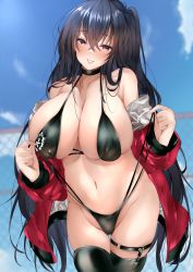 Rule 34 | 1girl, azur lane, bikini, bikini pull, black bikini, black choker, black hair, black thighhighs, blue sky, breasts, choker, clothes pull, cloud, commentary request, cowboy shot, eyewear on head, highres, huge breasts, jacket, logo, long hair, look-alike, looking at viewer, multiple straps, mutou mame, official alternate costume, one side up, race queen, red eyes, red jacket, skindentation, sky, solo, sunglasses, swimsuit, taihou (azur lane), taihou (enraptured companion) (azur lane), thighhighs