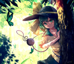 Rule 34 | 1girl, 2023, adapted costume, animal, black hat, bug, butterfly, buttons, closed mouth, collarbone, commentary, cowboy shot, dappled sunlight, dated, day, diamond button, frilled shirt collar, frills, green butterfly, green eyes, green hair, green nails, green skirt, hair between eyes, hand up, hat, hat ribbon, highres, insect, komeiji koishi, light rays, looking at viewer, medium hair, musical note, nail polish, outdoors, puffy short sleeves, puffy sleeves, revision, ribbon, shirt, short hair, short sleeves, signature, skirt, smile, solo, sunbeam, sunlight, sweat, tami (joemanyodw), third eye, touhou, tree, tsurime, yellow ribbon, yellow shirt
