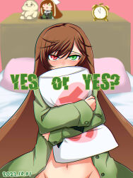 Rule 34 | 1girl, alarm clock, blush, brown hair, character doll, clock, commentary request, cowboy shot, dated, dress, green dress, green eyes, groin, hair between eyes, heart, heterochromia, highres, itini-sanshi, long hair, long sleeves, looking at viewer, navel, hugging object, pillow, pillow hug, red eyes, rozen maiden, solo, suiseiseki, very long hair, yes, yes-no pillow