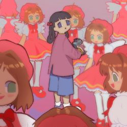 Rule 34 | 6+girls, :d, angel wings, ankle socks, arms at sides, beret, black hair, blue footwear, blue shorts, blunt bangs, blush stickers, bow, bowtie, braid, braided hair rings, brown hair, camcorder, camera, cardcaptor sakura, chinese clothes, clone, daidouji tomoyo, dot nose, dress, empty eyes, facing away, facing viewer, feathered wings, footwear bow, frilled shirt collar, frilled sleeves, frills, from behind, from side, full body, green eyes, hair bow, hair intakes, hair rings, hallucination, hands up, hat, high collar, highres, holding, holding camera, jacket, kinomoto sakura, light brown hair, long hair, long sleeves, looking away, looking back, looking down, looking to the side, low twintails, mandarin collar, multiple girls, muted color, no eyebrows, no nose, no pupils, open mouth, parted lips, petticoat, pinafore dress, pink dress, pink headwear, plastiboo, pleated dress, profile, puffy short sleeves, puffy sleeves, purple background, purple eyes, purple jacket, red bow, red bowtie, red footwear, shoes, short dress, short hair, short sleeves, shorts, sideways mouth, sleeveless, sleeveless dress, smile, socks, standing, straight-on, surreal, tangzhuang, tareme, thighhighs, twin braids, twintails, upper body, video camera, white legwear, white wings, wings