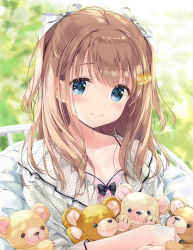 Rule 34 | 1girl, black bow, blue eyes, blurry, blurry background, blush, bow, brown hair, closed mouth, collarbone, commentary request, depth of field, dress, flower, hair flower, hair ornament, hair ribbon, highres, jacket, kimishima ao, long hair, looking at viewer, momoi saki, hugging object, open clothes, open jacket, original, pink dress, polka dot, ribbon, smile, solo, stuffed animal, stuffed toy, teddy bear, upper body, white jacket, white ribbon, yellow flower