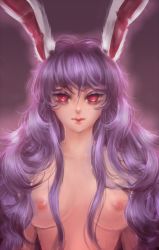 Rule 34 | 1girl, animal ears, breasts, rabbit ears, colored eyelashes, expressionless, female focus, large breasts, lips, long hair, looking at viewer, nipples, nude, purple background, purple hair, purple theme, red eyes, reisen udongein inaba, sheryth, solo, staring, touhou, upper body