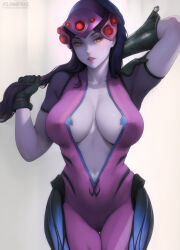 Rule 34 | 1girl, arm behind head, artist name, black gloves, bodysuit, breasts, commentary, commentary typo, cowboy shot, curvy, english commentary, flowerxl, gloves, head-mounted display, large breasts, overwatch, paid reward available, parted lips, patreon username, pink bodysuit, ponytail, purple hair, solo, watermark, web address, widowmaker (overwatch), yellow eyes