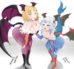 2girls ass bat_wings black_footwear black_wings blonde_hair blue_eyes blue_hair blue_pantyhose blunt_bangs boots breasts cleavage closed_mouth commentary cosplay darkstalkers english_commentary fins fish_tail full_body gawr_gura grey_hair hair_ornament head_wings highres hololive hololive_english large_breasts leaning_forward lilith_(darkstalkers) lilith_(darkstalkers)_(cosplay) looking_at_viewer medium_hair morrigan_aensland morrigan_aensland_(cosplay) multiple_girls one_eye_closed open_mouth pantyhose purple_pantyhose purple_wings red_footwear shark_girl shark_hair_ornament shark_tail sharp_teeth short_bangs small_breasts smile tail teeth tongue tongue_out two_side_up virtual_youtuber watson_amelia weeze white_background wings