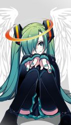 Rule 34 | 1girl, angel wings, aqua eyes, aqua hair, aqua nails, bad id, bad twitter id, bare shoulders, black skirt, black sleeves, black thighhighs, commentary, detached sleeves, feathered wings, foreshortening, grey background, hair ornament, hair over one eye, halo, hatsune miku, highres, knees up, long hair, looking at viewer, machigami yoh, miniskirt, nail polish, one eye covered, outstretched arms, pleated skirt, shoulder tattoo, sideways glance, sitting, skirt, smile, solo, tattoo, thighhighs, twintails, very long hair, vocaloid, wide sleeves, wings, zettai ryouiki