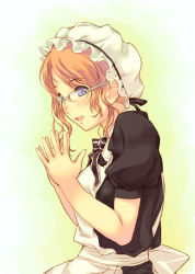 Rule 34 | 1girl, blue eyes, blush, face, glasses, hat, maid, open mouth, orange hair, original, own hands together, smile, solo, zama masaaki