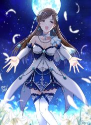 Rule 34 | 1girl, :d, blue skirt, blue sky, blurry, blurry foreground, boots, breasts, brown eyes, brown hair, choker, cleavage, collarbone, detached sleeves, earrings, feathers, floating hair, flower, full moon, gen (enji), half-closed eyes, highres, idolmaster, idolmaster cinderella girls, jewelry, long hair, long sleeves, medium breasts, miniskirt, moon, night, nitta minami, open mouth, outdoors, outstretched hand, shiny skin, skirt, sky, smile, solo, standing, swept bangs, thigh boots, thighhighs, twitter username, very long hair, white choker, white feathers, white flower, white footwear, white sleeves, zettai ryouiki