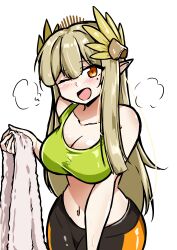 Rule 34 | 1girl, ;d, absurdres, alternate costume, arknights, bare shoulders, black outline, blonde hair, blush, breasts, cleavage, collarbone, commentary request, cowboy shot, elf, eyes visible through hair, green sports bra, hair ornament, hand up, heavy breathing, highres, holding, holding towel, hot, leggings, long hair, looking at viewer, medium breasts, midriff, mole, mole under eye, muelsyse (arknights), navel, one eye closed, open mouth, orange eyes, outline, pointy ears, simple background, sketch, sleeveless, smile, solo, sports bra, standing, sweat, towel, white background, xibu cai