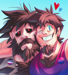 Rule 34 | 2boys, arm around shoulder, bara, beard, bisexual flag, black sclera, blue eyes, brown hair, cheek-to-cheek, chest hair peek, chest tuft, clyde (ren locke), colored sclera, couple, facial hair, flag request, full beard, grin, half-closed eyes, heads together, highres, huge eyebrows, large pectorals, lgbt pride, looking at viewer, male focus, mature male, medium sideburns, multiple boys, muscular, muscular male, mustache, one eye closed, original, pectoral cleavage, pectorals, red eyes, ren locke, selfie, short hair, sideburns stubble, smile, sparse stubble, spiked hair, stubble, thick arm hair, thick beard, thick chest hair, thick eyebrows, thick mustache, werewolf, yaoi