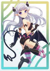 Rule 34 | 10s, 1girl, ass, bat wings, demon tail, gloves, hair ornament, is ii, naruse maria, pointy ears, purple eyes, shinmai maou no testament, solo, striped clothes, striped thighhighs, tail, thighhighs, two side up, white hair, wings