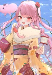 Rule 34 | 1girl, absurdres, arkathon, commentary, english commentary, floral print kimono, fur scarf, highres, holding, japanese clothes, kimono, long hair, new year, nijisanji, nijisanji en, open mouth, pig, pink hair, red bag, red eyes, rosemi lovelock, smile, solo, two side up, virtual youtuber, wide sleeves, yellow kimono