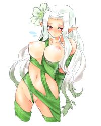Rule 34 | 10s, 1girl, arms behind back, blush, breasts, cropped legs, dragon collection, flower, hair flower, hair ornament, large breasts, long hair, navel, nipples, open mouth, pointy ears, puffy nipples, pussy juice, red eyes, ryuusei (ryuuseiseikou), saliva, simple background, solo, standing, tears, white background, white hair, yagi (ningen)