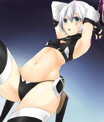 Rule 34 | 1girl, armpits, bandages, bare shoulders, black panties, black thighhighs, dual wielding, fate/apocrypha, fate (series), fingerless gloves, gloves, gradient background, green eyes, groin, highres, holding, holding weapon, jack the ripper (fate/apocrypha), knife, navel, open mouth, panties, scar, short hair, silver hair, solo, thighhighs, underwear, weapon, y neru