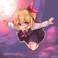 Rule 34 | 1girl, :d, blonde hair, full moon, hair ribbon, highres, kanabun, looking at viewer, moon, necktie, open mouth, outstretched arms, red eyes, ribbon, rumia, short hair, smile, solo, spread arms, touhou