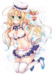 Rule 34 | 10s, 1girl, alternate costume, apron, blonde hair, blue eyes, blush, breasts, choker, cleavage, enmaided, food, glasses, green eyes, high heels, i-8 (kancolle), kantai collection, long hair, looking at viewer, low twintails, maid, maid cap, maid headdress, midriff, navel, nogi takayoshi, parfait, parted lips, red-framed eyewear, semi-rimless eyewear, solo, tray, twintails, under-rim eyewear, waist apron, wrist cuffs