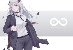 Rule 34 | 1girl, absurdres, alternate costume, arknights, bankongping, belt, black belt, black choker, black jacket, black necktie, black pants, blazer, breasts, brown eyes, chinese commentary, choker, commentary request, cowboy shot, earrings, grey background, highres, horns, jacket, jewelry, long hair, looking at viewer, medium breasts, necktie, open clothes, open jacket, originium (arknights), pants, rhine lab logo, saria (arknights), shirt, silver hair, solo, standing, stud earrings, two-tone background, white background, white shirt