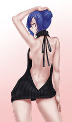 Rule 34 | 10s, 1girl, alternate costume, alternate hairstyle, arm up, armpits, ass, back, backless outfit, bare shoulders, blue hair, breasts, butt crack, dimples of venus, female focus, grin, highres, iris heart, jiffic, looking at viewer, meme attire, neptune (series), pururut, red eyes, sideboob, smile, solo, symbol-shaped pupils, virgin killer sweater