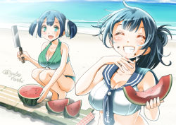 Rule 34 | 10s, 2girls, adapted costume, agano (kancolle), anchor symbol, aqua eyes, bare shoulders, beach, blue hair, blush, breasts, cleavage, cleaver, day, eating, flight deck, food, fruit, grin, hair up, kantai collection, knife, large breasts, multiple girls, navel, outdoors, ponytail, seed, smile, sogabe toshinori, souryuu (kancolle), squatting, twintails, twitter username, water, watermelon, wiping face, yahagi (kancolle)