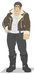 Rule 34 | 1boy, alternate costume, bara, black pants, boots, bulge, casual, cross scar, facial hair, flat color, goatee, houzouin oniwaka, jacket, knee boots, leather, leather jacket, long sideburns, looking at viewer, male focus, mature male, muscular, muscular male, open clothes, open jacket, pants, pectoral cleavage, pectorals, scar, scar on face, scar on forehead, short hair, sideburns, solo, stubble, sunfight0201, thick eyebrows, thick thighs, thighs, tight clothes, tight pants, tokyo houkago summoners, white background