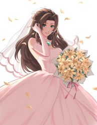 1girl aerith_gainsborough alternate_costume bare_shoulders bouquet bow breasts bridal_veil bridge brown_hair chest_jewel choker cleavage dress elbow_gloves falling_petals final_fantasy final_fantasy_vii final_fantasy_vii_rebirth final_fantasy_vii_remake flower gem gloves green_eyes green_gemstone hair_bow half_updo hand_in_own_hair highres holding holding_bouquet kivavis lily_(flower) long_dress long_hair looking_at_viewer medium_breasts parted_bangs parted_lips petals pink_bow pink_choker pink_dress pink_gloves sidelocks smile solo strapless strapless_dress upper_body veil wavy_hair wedding_dress yellow_flower yellow_petals