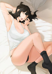 Rule 34 | 1girl, absurdres, arm up, armpits, black hair, black panties, black socks, breasts, cleavage, closed eyes, collarbone, commentary request, hand to own mouth, highres, indoors, large breasts, legs up, lying, lynus, messy hair, naoko-san, no pants, on back, on bed, open mouth, original, panties, pillow, shirt, socks, solo, tearing up, underwear, waking up, white shirt, yawning