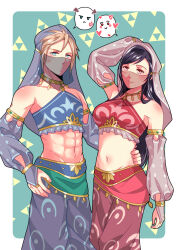 Rule 34 | 1boy, 1girl, abs, babigonice, bare shoulders, black hair, blonde hair, blue eyes, blush, breasts, closed mouth, cloud strife, collarbone, cosplay, couple, cowboy shot, crop top, detached sleeves, final fantasy, final fantasy vii, final fantasy vii remake, gerudo set (zelda), hand on another&#039;s hip, heart, highres, large breasts, link, link (cosplay), long hair, looking at viewer, midriff, navel, nintendo, pants, red eyes, smile, speech bubble, spiked hair, square enix, swept bangs, the legend of zelda, the legend of zelda: breath of the wild, tifa lockhart, triforce, veil