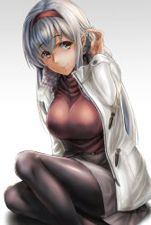 Rule 34 | 1girl, adjusting hair, alternate costume, belt, black pantyhose, blush, breasts, brown eyes, buckle, closed mouth, coat, fur-trimmed coat, fur trim, grey skirt, hairband, highres, kantai collection, kokuzou, large breasts, long hair, looking at viewer, maroon sweater, open clothes, open coat, pantyhose, red hairband, ribbed sweater, shoukaku (kancolle), sidelocks, silver hair, simple background, sitting, skirt, smile, solo, sweater, turtleneck, turtleneck sweater, unzipped, white background, white coat, zipper