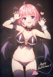 Rule 34 | 1girl, :d, ahoge, arm garter, armpits, arms up, artist name, bare shoulders, black bra, black panties, black thighhighs, bra, breasts, breasts apart, claw pose, cowboy shot, cross, demon girl, demon tail, demon wings, detached collar, gluteal fold, happy halloween, head wings, heart, highres, latin cross, looking at viewer, medium breasts, multi-strapped panties, multicolored nails, nail polish, navel, nijihashi sora, open mouth, original, panties, pink hair, purple eyes, short hair, smile, solo, standing, stomach, tail, thighhighs, underwear, wings, wrist cuffs