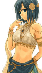 Rule 34 | 1girl, alternate costume, armlet, bare shoulders, blue eyes, blue hair, bracelet, catria (fire emblem), dancer, fire emblem, fire emblem: mystery of the emblem, hand on own hip, hand to own mouth, harushino, hip focus, jewelry, lots of jewelry, matching hair/eyes, midriff, nintendo, ribbon, short hair, solo