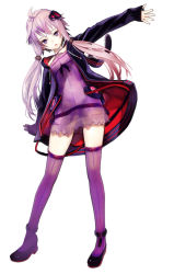 Rule 34 | 1girl, ahoge, emokakimasu, full body, hair ornament, highres, hood, hooded jacket, jacket, long sleeves, looking at viewer, miniskirt, open clothes, open jacket, open mouth, purple eyes, purple hair, purple thighhighs, short hair with long locks, skirt, solo, standing, thighhighs, twintails, vocaloid, voiceroid, white background, yuzuki yukari