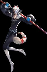 Rule 34 | 10s, 1boy, atlus, boots, fake tail, fox mask, fox tail, full body, kitagawa yuusuke, knee boots, looking at viewer, male focus, mask, official art, persona, persona 5, popped collar, puffy sleeves, sheath, soejima shigenori, solo, sword, tail, transparent background, unsheathing, weapon