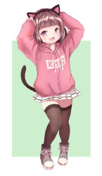 Rule 34 | 1girl, :d, animal ears, arms up, blunt bangs, blush, boots, brown hair, brown thighhighs, cat ears, cat girl, cat tail, collarbone, commentary, copyright name, drawstring, fake animal ears, fang, fingernails, green background, grey footwear, highres, hood, hood down, hoodie, kmnz, leaning to the side, long sleeves, mc liz, open mouth, pink hoodie, pleated skirt, puffy long sleeves, puffy sleeves, red eyes, shiro hakuchou, sketch, skirt, sleeves past wrists, smile, solo, tail, tail raised, thighhighs, two-tone background, virtual youtuber, white background, white skirt