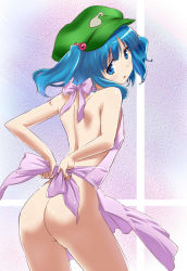 Rule 34 | 1girl, apron, ass, blue eyes, blue hair, cl (h-sys.), cyiell (c1), female focus, hair bobbles, hair ornament, hat, kawashiro nitori, matching hair/eyes, naked apron, ribbon, solo, touhou, twintails, two side up