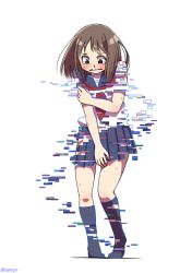 Rule 34 | 1girl, blush, brown eyes, brown hair, covering privates, covering breasts, covering crotch, dissolving clothes, embarrassed, long hair, looking down, original, pixelated, school uniform, serafuku, shadow, shapoco, simple background, solo, sweat, tearing up, tears, twitter username, white background