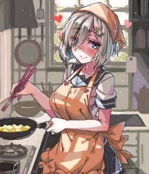 Rule 34 | 10s, 1girl, apron, bad id, bad twitter id, bandana, blush, chopsticks, commentary request, cooking, frying pan, hair ornament, hairclip, hamakaze (kancolle), heart, indoors, jewelry, kantai collection, looking at viewer, moze, pleated skirt, ring, school uniform, serafuku, silver hair, skirt, smile, solo, spatula, stove, wedding band