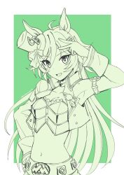 Rule 34 | 1girl, ahoge, animal ears, arm up, armband, as&#039;maria, breasts, choker, cleavage, cropped jacket, greyscale with colored background, hair ornament, hairclip, hat, horse ears, jacket, long hair, looking at viewer, midriff, mini hat, mini top hat, mr. c.b. (umamusume), navel, open clothes, open jacket, open mouth, pants, shirt, single sleeve, single wrist cuff, small breasts, smile, solo, strapless, strapless shirt, top hat, umamusume, upper body, v, wrist cuffs