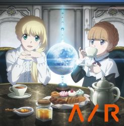 Rule 34 | 10s, 2girls, aldnoah.zero, asseylum vers allusia, blonde hair, brown hair, chair, cookie, cupcake, earth (planet), eddelrittuo, food, green eyes, highres, honey, multiple girls, official art, open mouth, pastry, pinky out, purple eyes, sitting, smile, table, tea, teapot