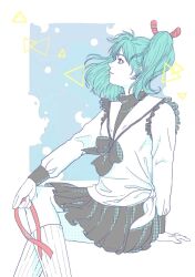 Rule 34 | 1girl, aqua hair, arm support, black bow, black bowtie, black skirt, blue eyes, bow, bowtie, char&#039;s counterattack, closed mouth, feet out of frame, figure four sitting, flat color, floating hair, gundam, highres, holding, invisible chair, kneehighs, light smile, long sleeves, looking afar, looking up, pleated skirt, profile, quess paraya, red ribbon, ribbon, shirt, simple background, siodam410, sitting, skirt, socks, solo, twintails, white shirt, white socks