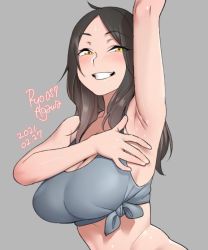 Rule 34 | 1girl, 2021, agawa ryou, armpits, breasts, brown eyes, brown hair, commentary, dated, english commentary, grey background, grey shirt, grin, large breasts, long hair, looking at viewer, raised eyebrows, shirt, simple background, smile, solo, sweat, tank top