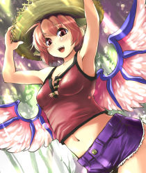 Rule 34 | 1girl, alternate costume, animal ears, armpits, arms up, bad id, bad pixiv id, blush, breasts, cleavage, cutoffs, denim, denim shorts, hat, looking at viewer, midriff, mystia lorelei, navel, nise nanatsura, red eyes, red hair, short hair, shorts, smile, solo, straw hat, touhou, wings