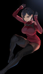 Rule 34 | 1girl, ada wong, black gloves, black hair, boots, breasts, closed mouth, commentary, dress, full body, gloves, grey eyes, high heel boots, high heels, large breasts, lips, long sleeves, looking at viewer, milin (orange maru), pantyhose, red dress, resident evil, resident evil 4, resident evil 4 (remake), short dress, short hair, simple background, smile, solo, thigh boots, turtleneck